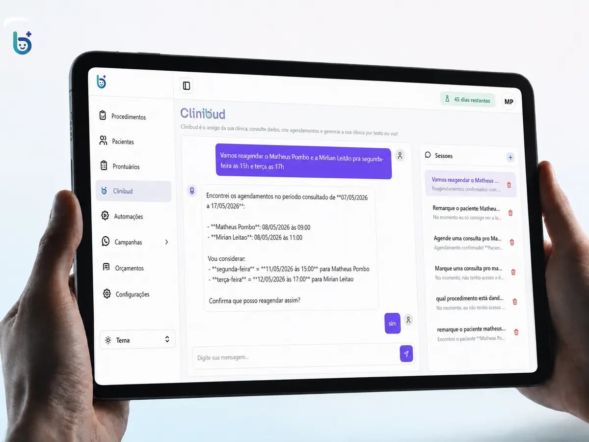 Painel do Clinibud com agenda da clínica e assistente de inteligência artificial